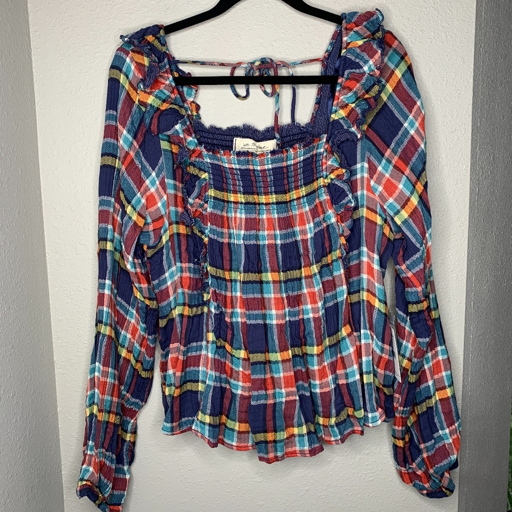 NEW Free People Siena Plaid Ruffled Pullover - Picture 2 of 12